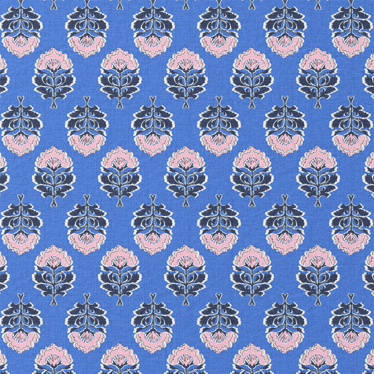 Patterned fabric with pink and blue floral design on a blue background