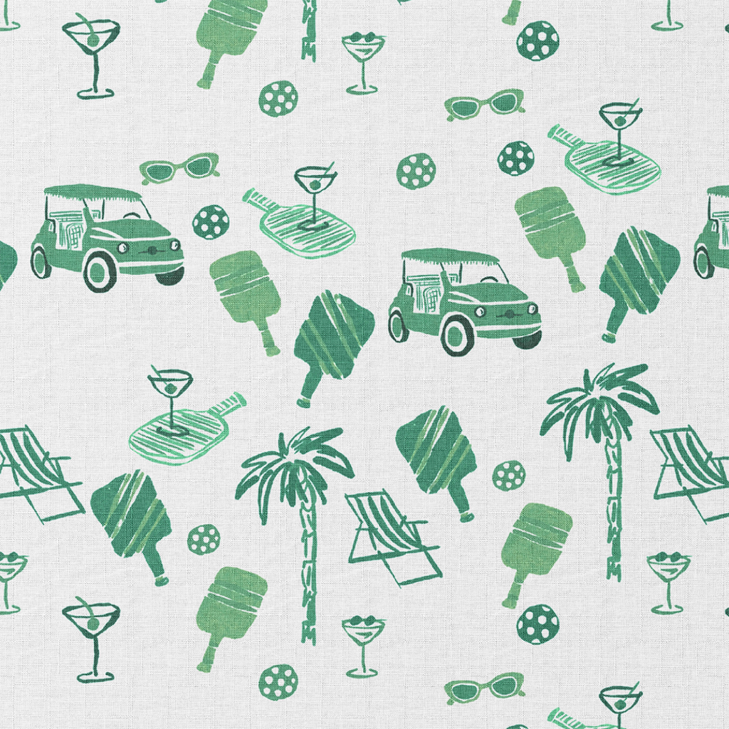 Pattern of green golf carts, palm trees, and other summer elements on a white background